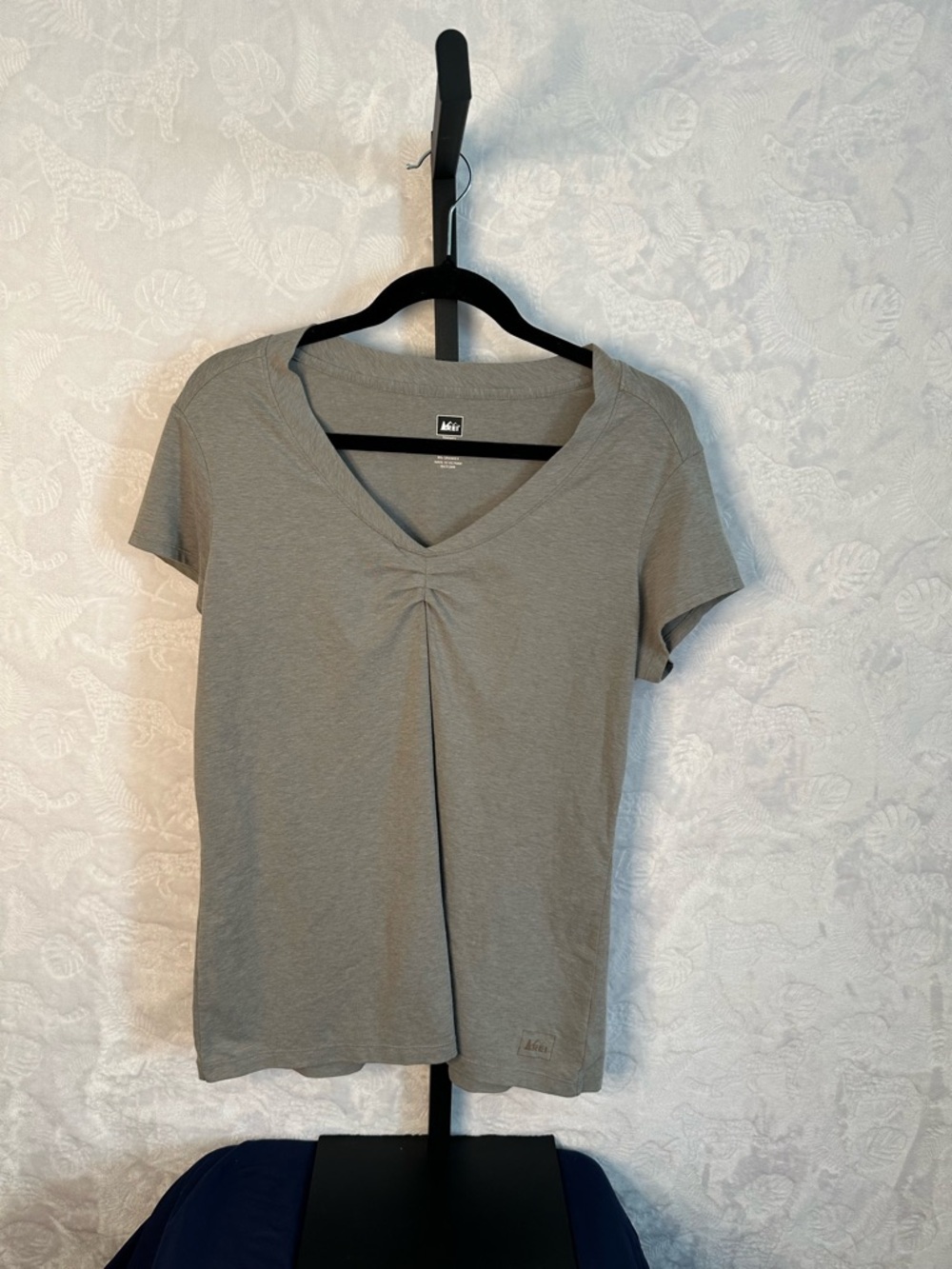 REI Olive V-Neck Short Sleeve Tee with Front Gather